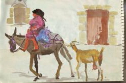 Malerei: Kostoula und ihre Ziege gemhchlichen Schrittes, der Rythmus ist in vielen Drfern noch derselbe wie vor hundert Jahren